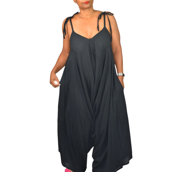 9Seed Bali Draped Jumpsuit Black Crinkle Gauze Harem Romper Drop Crotch One Size - Picture 1 of 14